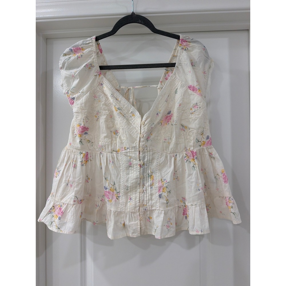 Universal Thread Floral Peplum Top Womens Large Cream Pink Lace Cotton Blouse
